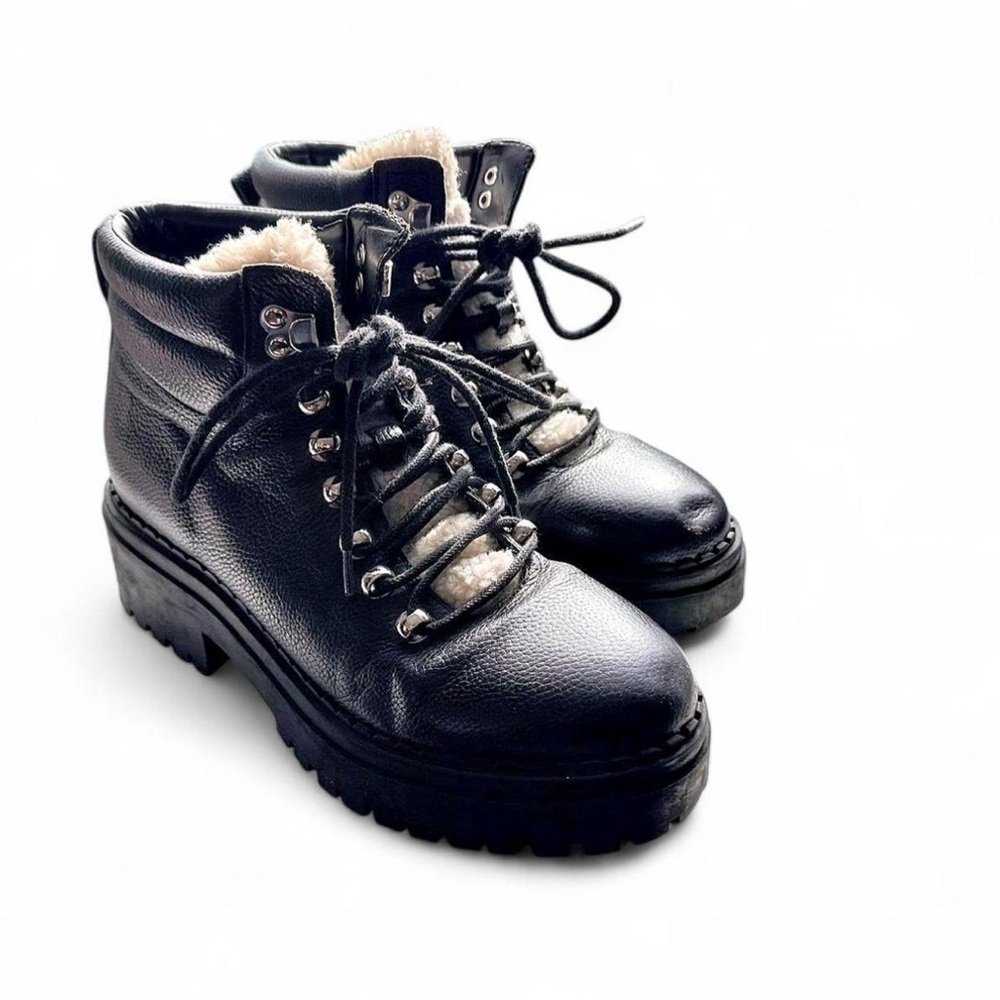 Marc Fisher Black Leather Combat Boots Platform Lug Sole Shearling Lace Up 7